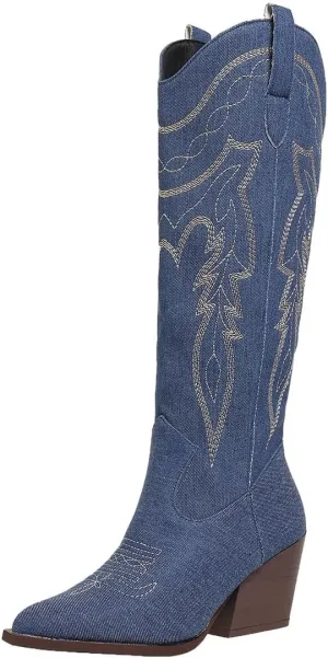 SelRoys Cowboy Boots for Women Cowgirl Embroidered Stitched Pointy Toe Chunky Heel Western Country Fashion Boots