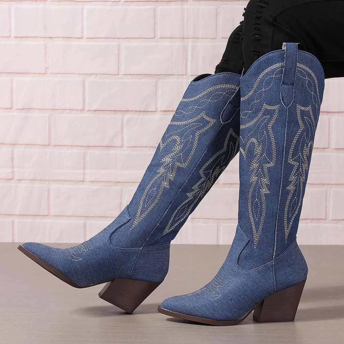 SelRoys Cowboy Boots for Women Cowgirl Embroidered Stitched Pointy Toe Chunky Heel Western Country Fashion Boots