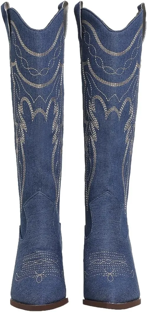 SelRoys Cowboy Boots for Women Cowgirl Embroidered Stitched Pointy Toe Chunky Heel Western Country Fashion Boots
