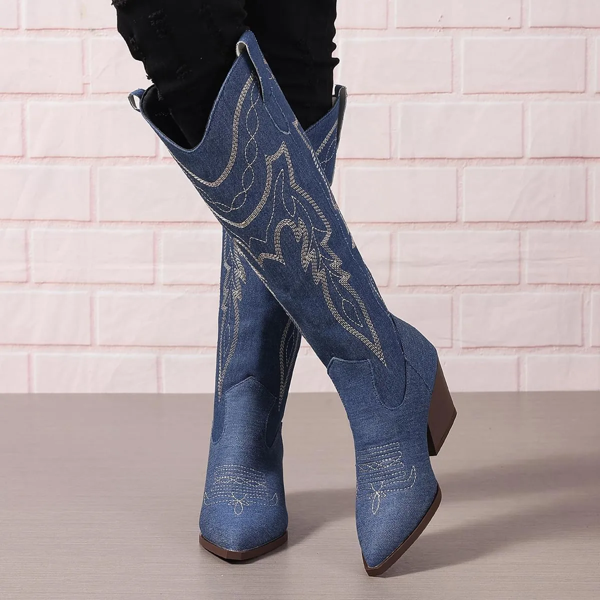 SelRoys Cowboy Boots for Women Cowgirl Embroidered Stitched Pointy Toe Chunky Heel Western Country Fashion Boots