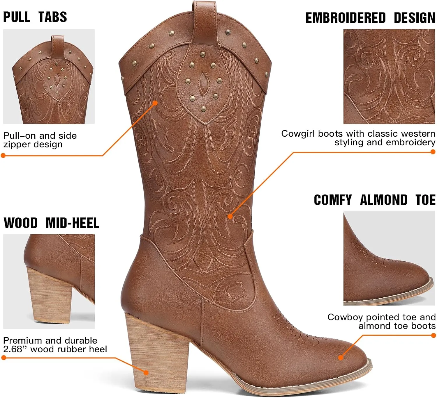 SHIBEVER Cowboy Cowgirl Boots for Women: Wide Calf Western Pointed Toe Chunky Heel Suede Embroidered Mid Calf Boot