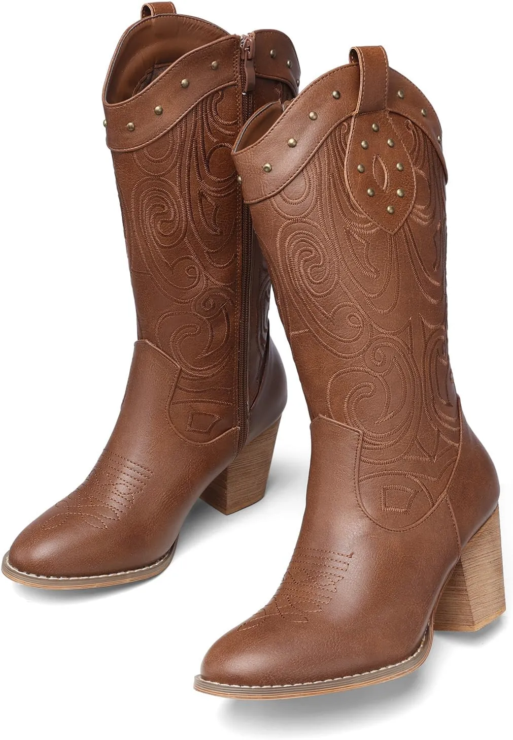 SHIBEVER Cowboy Cowgirl Boots for Women: Wide Calf Western Pointed Toe Chunky Heel Suede Embroidered Mid Calf Boot