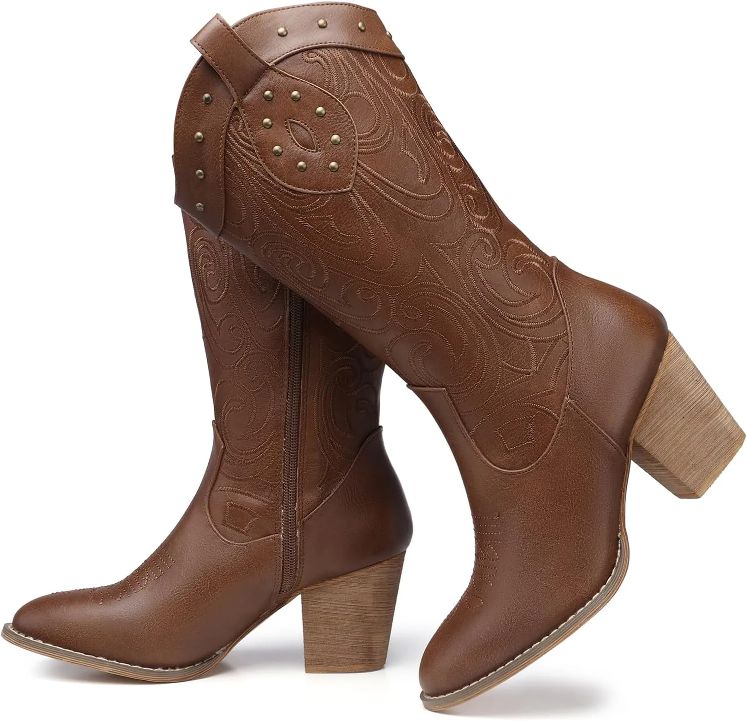 SHIBEVER Cowboy Cowgirl Boots for Women: Wide Calf Western Pointed Toe Chunky Heel Suede Embroidered Mid Calf Boot