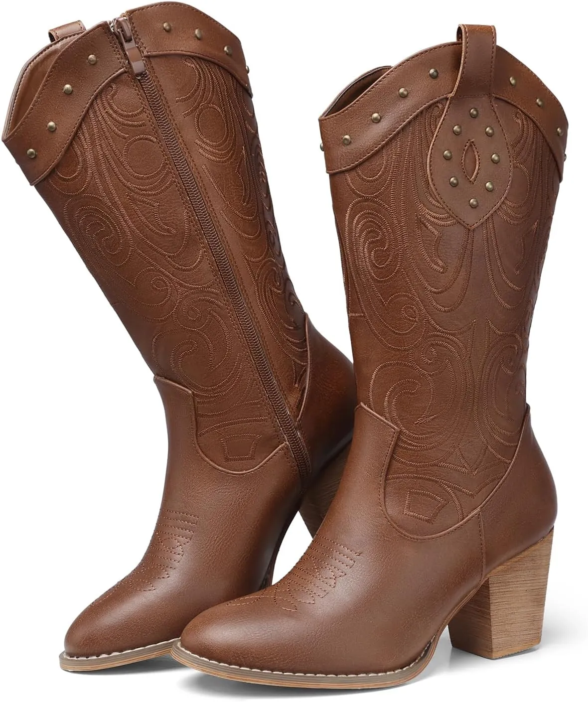SHIBEVER Cowboy Cowgirl Boots for Women: Wide Calf Western Pointed Toe Chunky Heel Suede Embroidered Mid Calf Boot