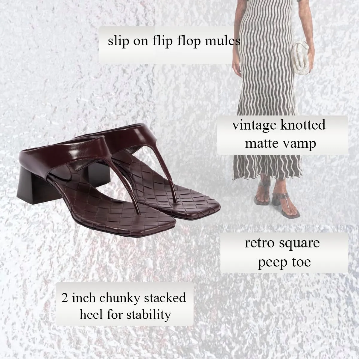 SHODENSE Women Fashion Chunky Block Heel Flip-Flop Mules Square Open Peep Toe Thong Sandals Mid Heeled Braided Metallic Slide Mule Clogs T-Strap Backless Summer Slippers Vintage Office Work 4-11 M US