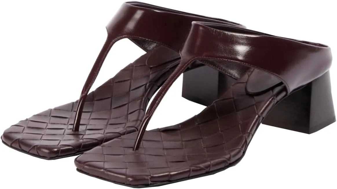 SHODENSE Women Fashion Chunky Block Heel Flip-Flop Mules Square Open Peep Toe Thong Sandals Mid Heeled Braided Metallic Slide Mule Clogs T-Strap Backless Summer Slippers Vintage Office Work 4-11 M US