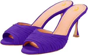 SHODENSE Women Suede Stiletto Heel Mules Evening Open Toe Slip On Mule Sandals Suede Pleated Sexy 3 Inch Stiletto Heeled Sandals Peep Toe Mule Heels Dress Party Wedding 4-11 M US