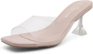 Shoe Land Celebrate Women's Clear Low Heels Stiletto Slides, Square Open Toe One Band Slip-On Heeled Mules, Clear Heeled Dress Sandals for Prom Wedding and Party
