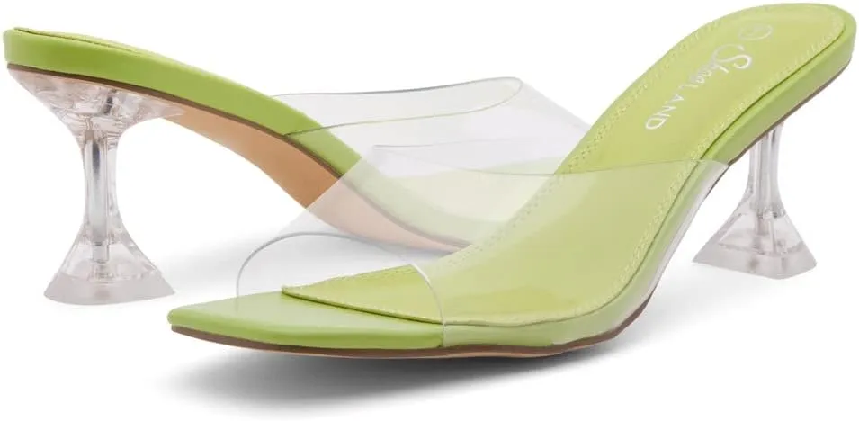 Shoe Land Celebrate Women's Clear Low Heels Stiletto Slides, Square Open Toe One Band Slip-On Heeled Mules, Clear Heeled Dress Sandals for Prom Wedding and Party