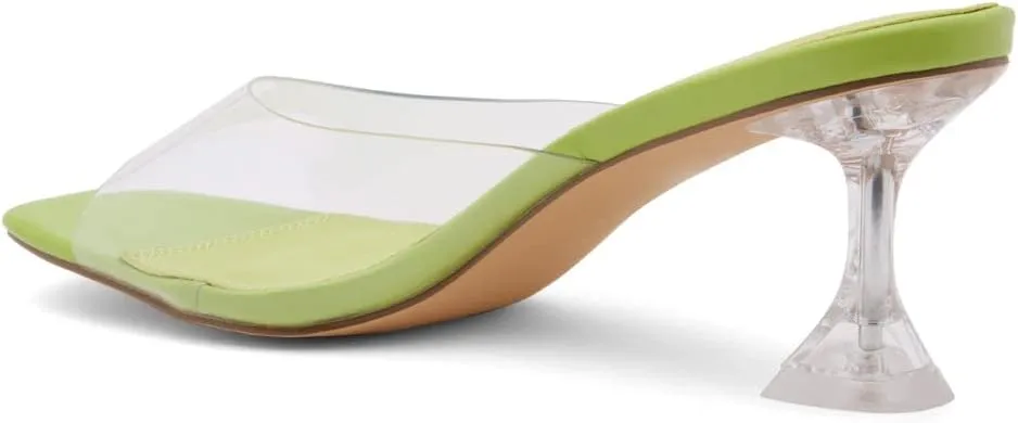 Shoe Land Celebrate Women's Clear Low Heels Stiletto Slides, Square Open Toe One Band Slip-On Heeled Mules, Clear Heeled Dress Sandals for Prom Wedding and Party
