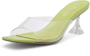 Shoe Land Celebrate Women's Clear Low Heels Stiletto Slides, Square Open Toe One Band Slip-On Heeled Mules, Clear Heeled Dress Sandals for Prom Wedding and Party