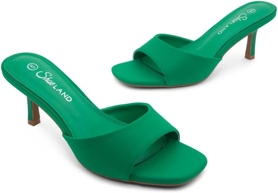 Shoe Land Deverena Women's Low Heels Stiletto Heeled Slides, Open Toe One Band Slip-On Heeled Mules – Dressy Heeled Sandals for Prom, Party, Wedding, and Vacation