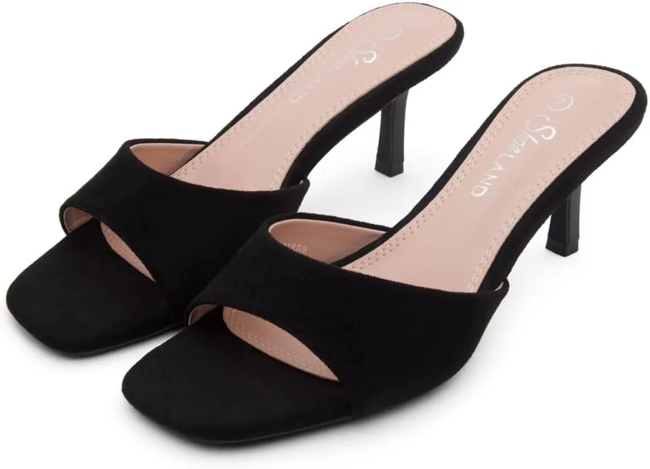Shoe Land Deverena Women's Low Heels Stiletto Heeled Slides, Open Toe One Band Slip-On Heeled Mules – Dressy Heeled Sandals for Prom, Party, Wedding, and Vacation