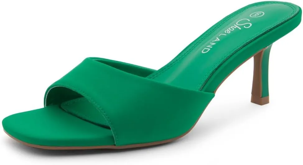 Shoe Land Deverena Women's Low Heels Stiletto Heeled Slides, Open Toe One Band Slip-On Heeled Mules – Dressy Heeled Sandals for Prom, Party, Wedding, and Vacation