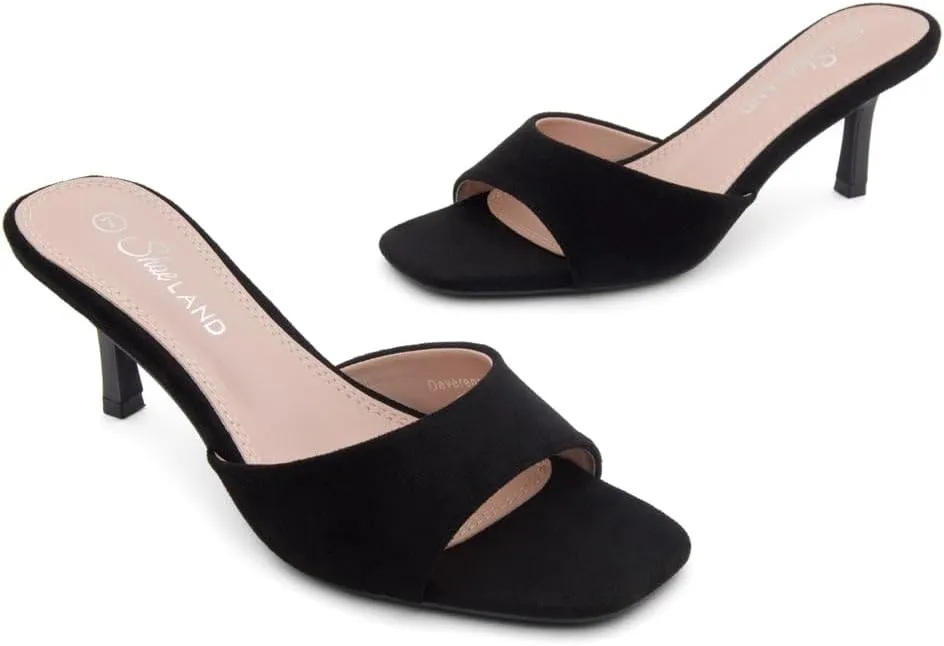 Shoe Land Deverena Women's Low Heels Stiletto Heeled Slides, Open Toe One Band Slip-On Heeled Mules – Dressy Heeled Sandals for Prom, Party, Wedding, and Vacation