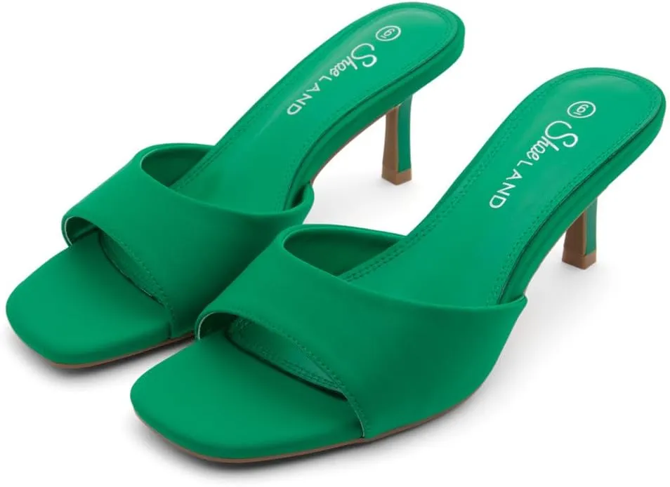 Shoe Land Deverena Women's Low Heels Stiletto Heeled Slides, Open Toe One Band Slip-On Heeled Mules – Dressy Heeled Sandals for Prom, Party, Wedding, and Vacation
