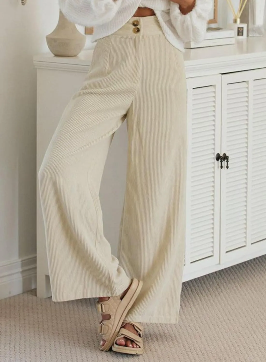 Sidefeel Corduroy Pants for Women 2024 Casual High Waisted Double Buttoned Stretchy Loose Fit Wide Leg Pants with Pockets