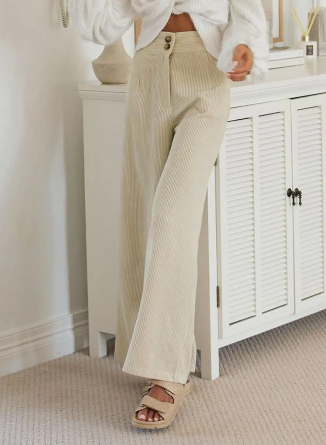 Sidefeel Corduroy Pants for Women 2024 Casual High Waisted Double Buttoned Stretchy Loose Fit Wide Leg Pants with Pockets
