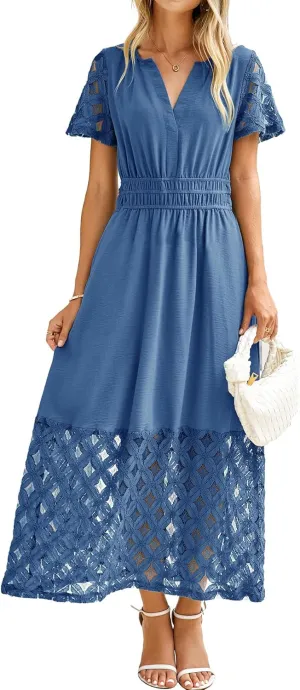 Simplee Womens 2025 Summer Boho Maxi Dress V Neck Empire Waist Long Flowy Dresses with Pockets