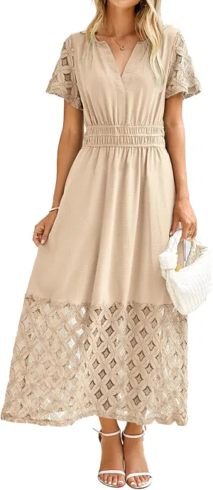 Simplee Womens 2025 Summer Boho Maxi Dress V Neck Empire Waist Long Flowy Dresses with Pockets