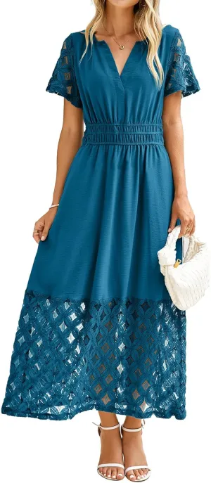 Simplee Womens 2025 Summer Boho Maxi Dress V Neck Empire Waist Long Flowy Dresses with Pockets
