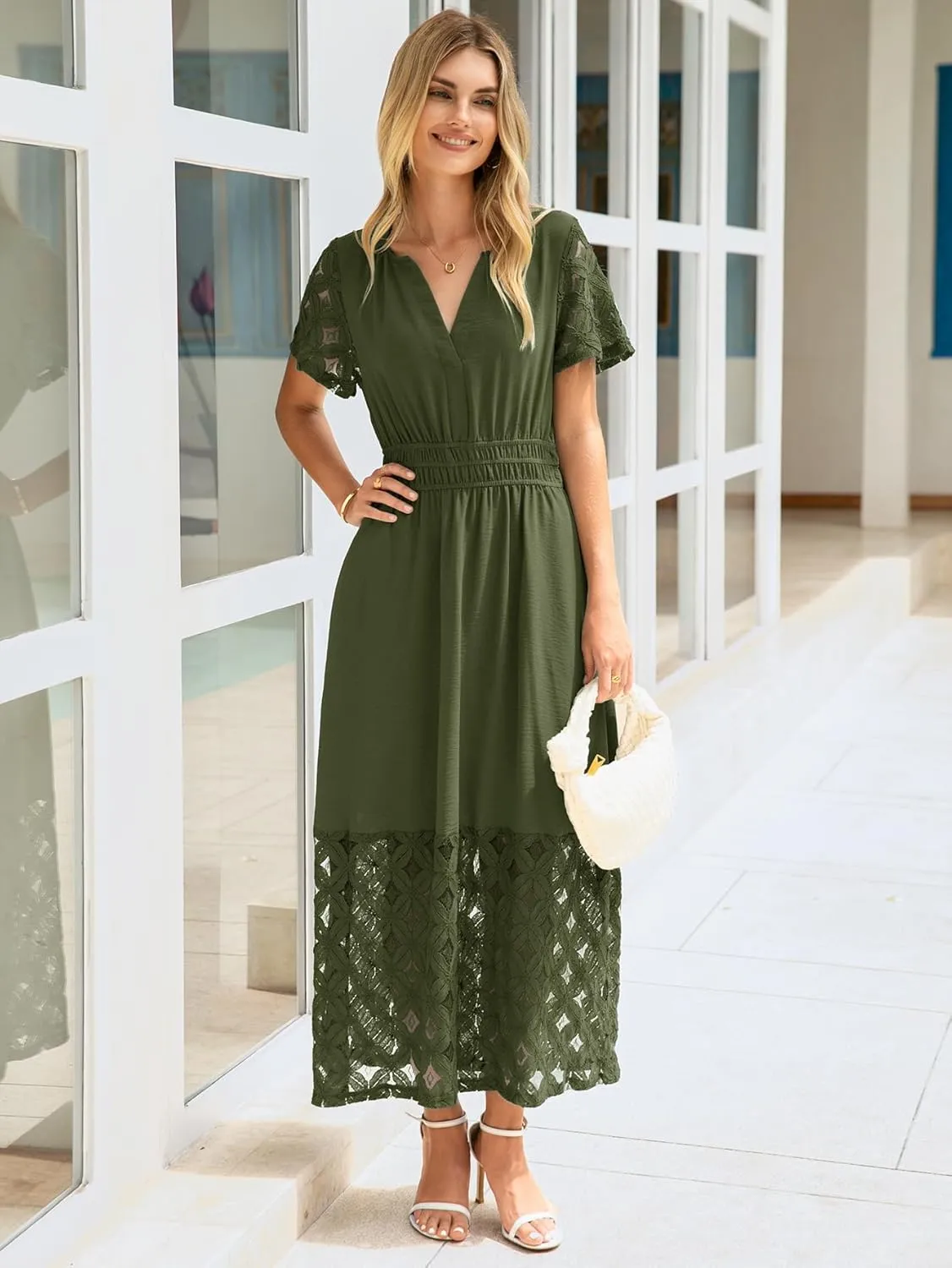Simplee Womens 2025 Summer Boho Maxi Dress V Neck Empire Waist Long Flowy Dresses with Pockets