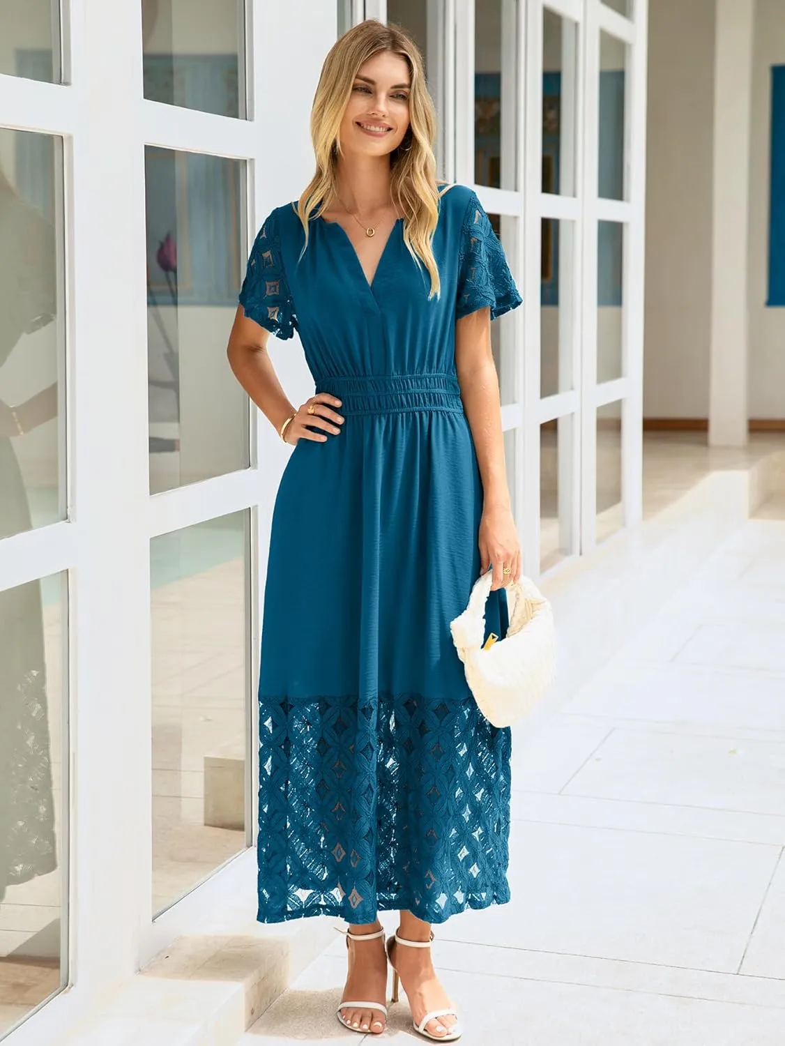 Simplee Womens 2025 Summer Boho Maxi Dress V Neck Empire Waist Long Flowy Dresses with Pockets