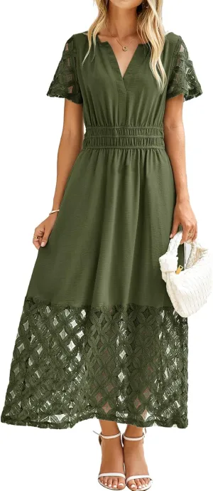 Simplee Womens 2025 Summer Boho Maxi Dress V Neck Empire Waist Long Flowy Dresses with Pockets