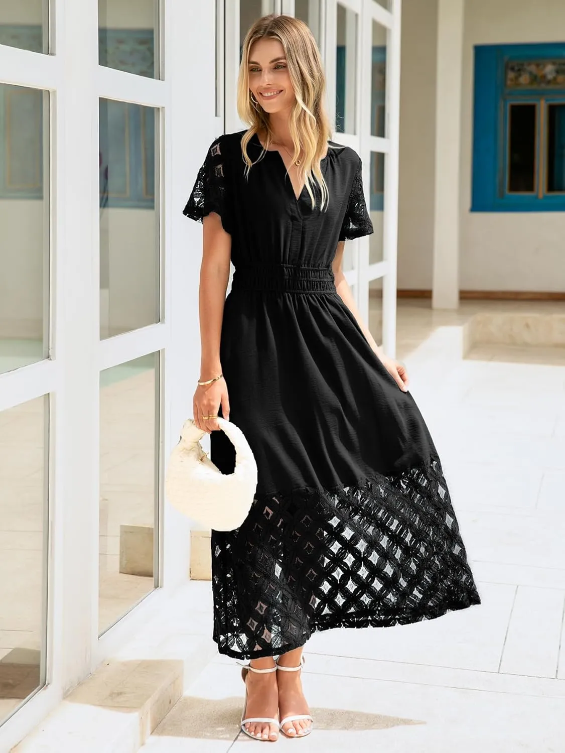Simplee Womens 2025 Summer Boho Maxi Dress V Neck Empire Waist Long Flowy Dresses with Pockets
