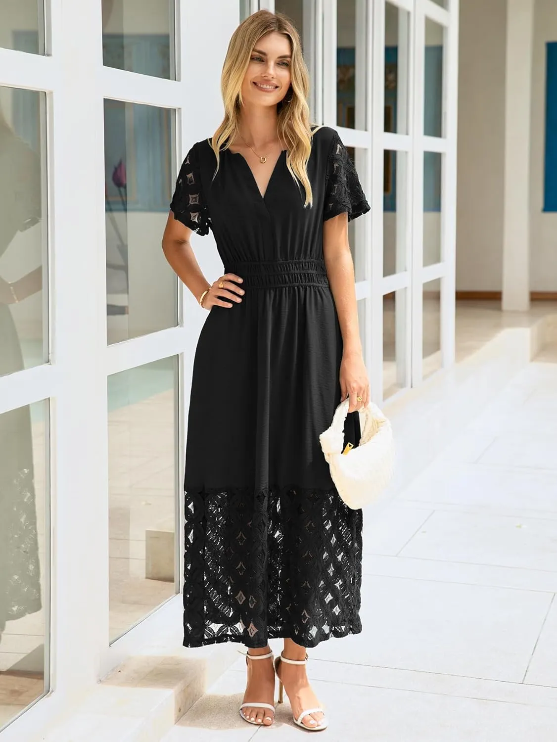 Simplee Womens 2025 Summer Boho Maxi Dress V Neck Empire Waist Long Flowy Dresses with Pockets