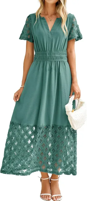 Simplee Womens 2025 Summer Boho Maxi Dress V Neck Empire Waist Long Flowy Dresses with Pockets