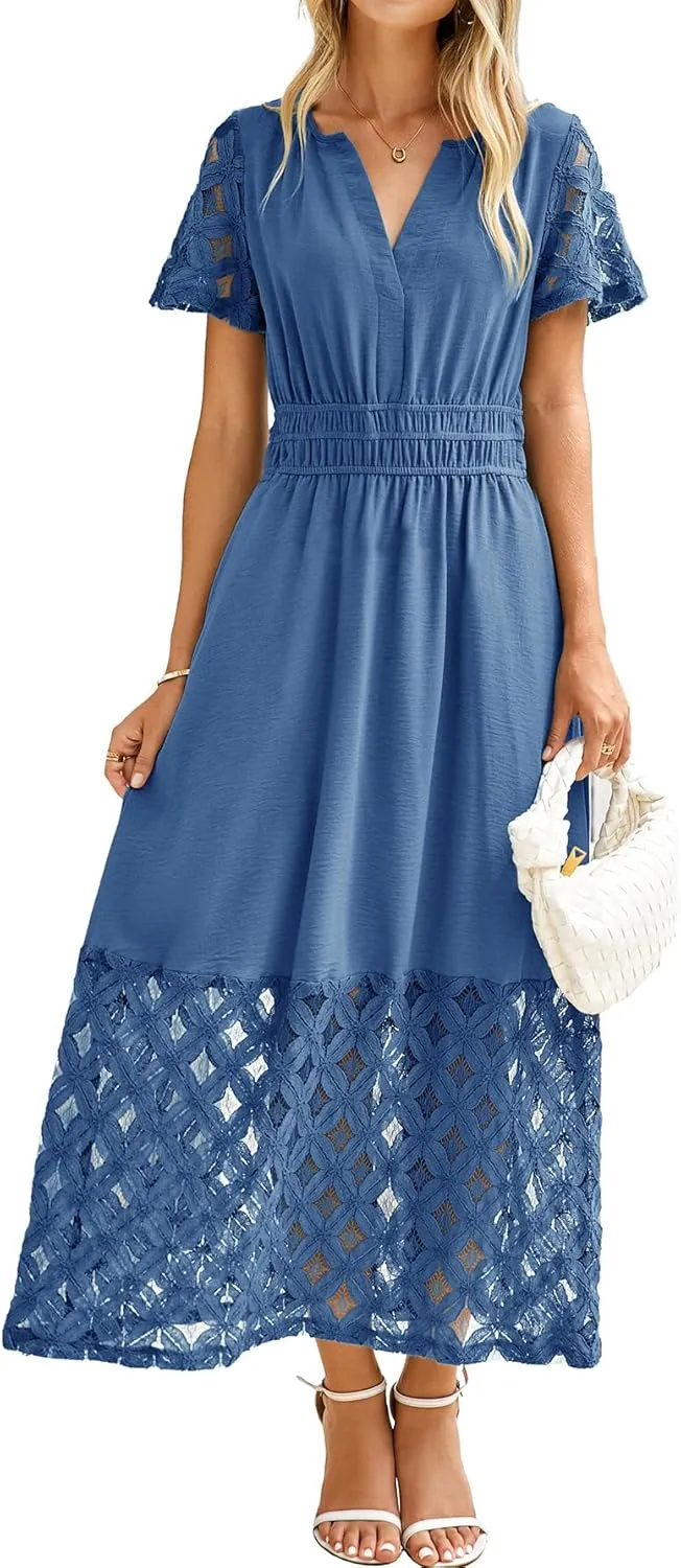 Simplee Womens 2025 Summer Boho Maxi Dress V Neck Empire Waist Long Flowy Dresses with Pockets
