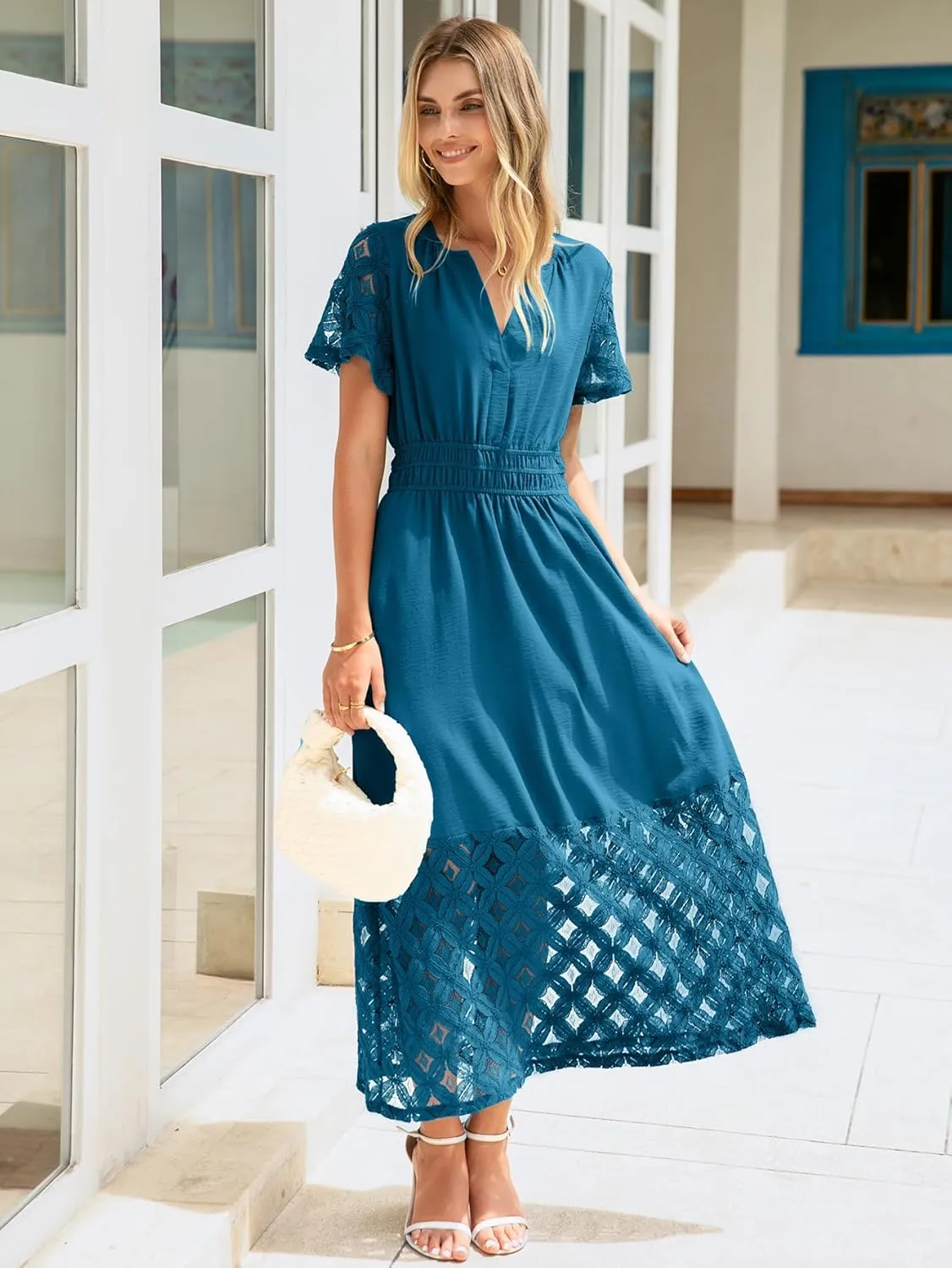 Simplee Womens 2025 Summer Boho Maxi Dress V Neck Empire Waist Long Flowy Dresses with Pockets