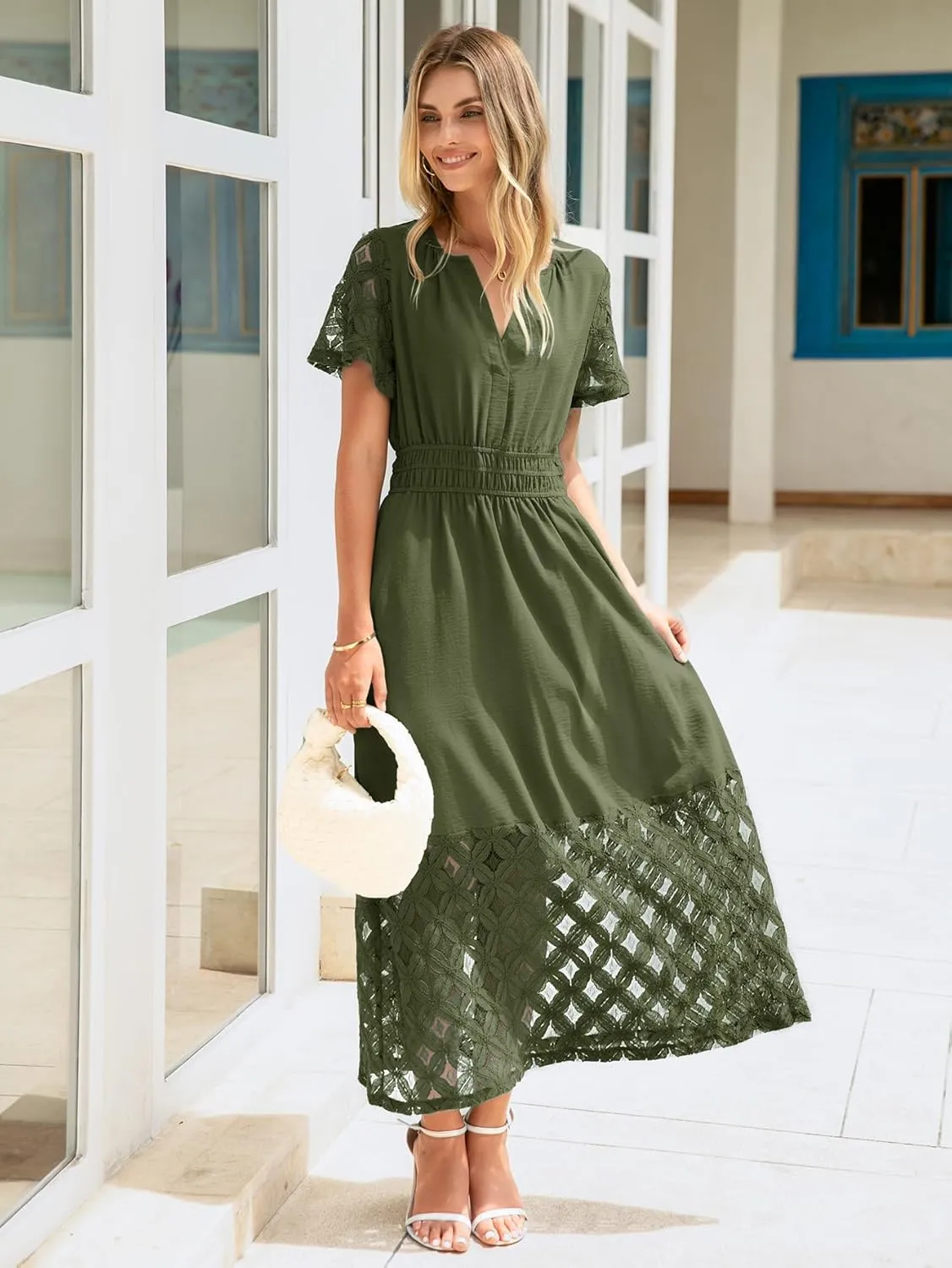 Simplee Womens 2025 Summer Boho Maxi Dress V Neck Empire Waist Long Flowy Dresses with Pockets
