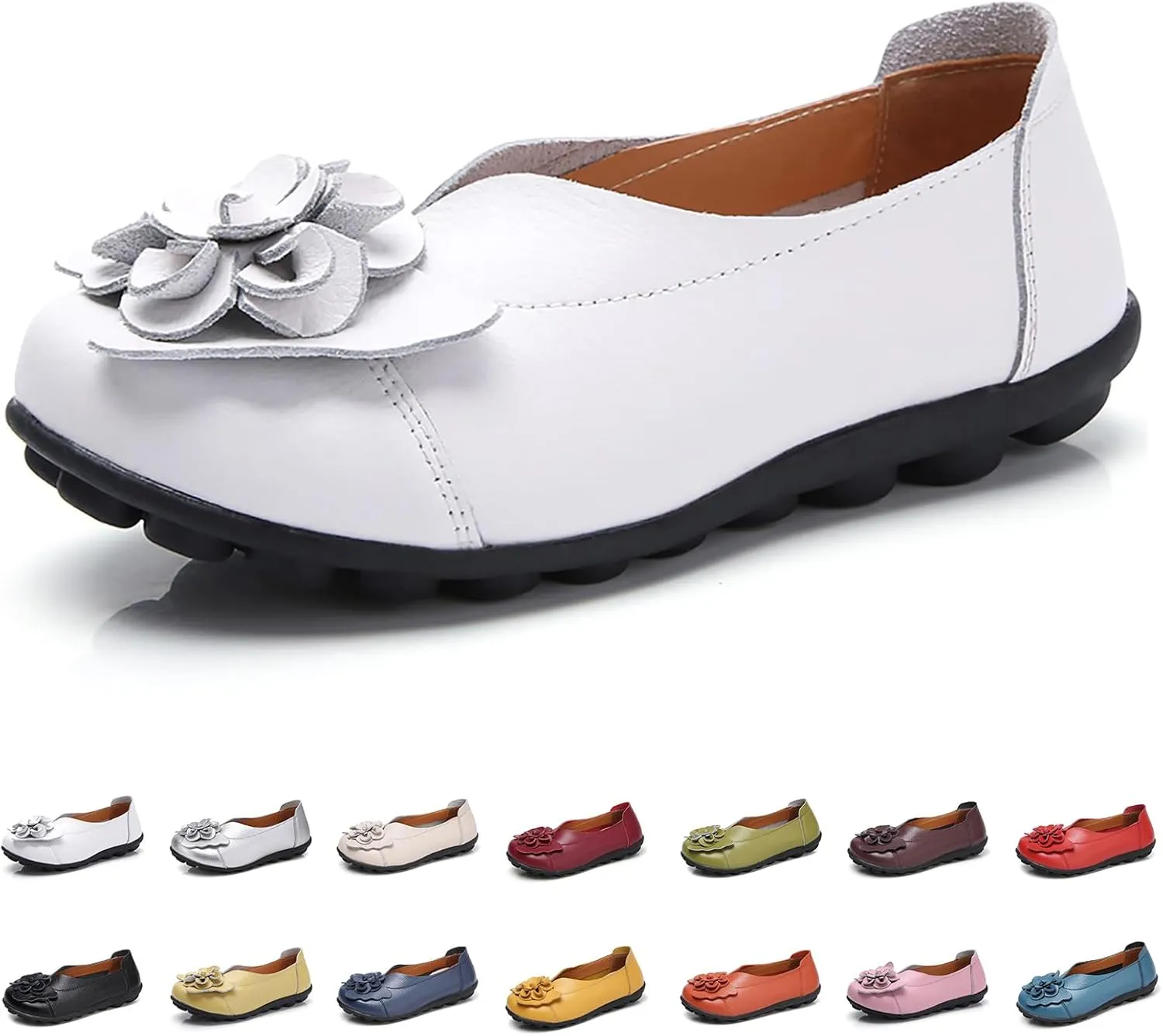 Slip on Loafers for Women Leather Flowers Loafers Comfortable Walking Work Flats Shoes Lightweight Soft Sole Flat Shoes Round Toe Summer Shoe