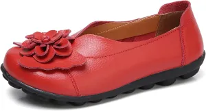 Slip on Loafers for Women Leather Flowers Loafers Comfortable Walking Work Flats Shoes Lightweight Soft Sole Flat Shoes Round Toe Summer Shoe