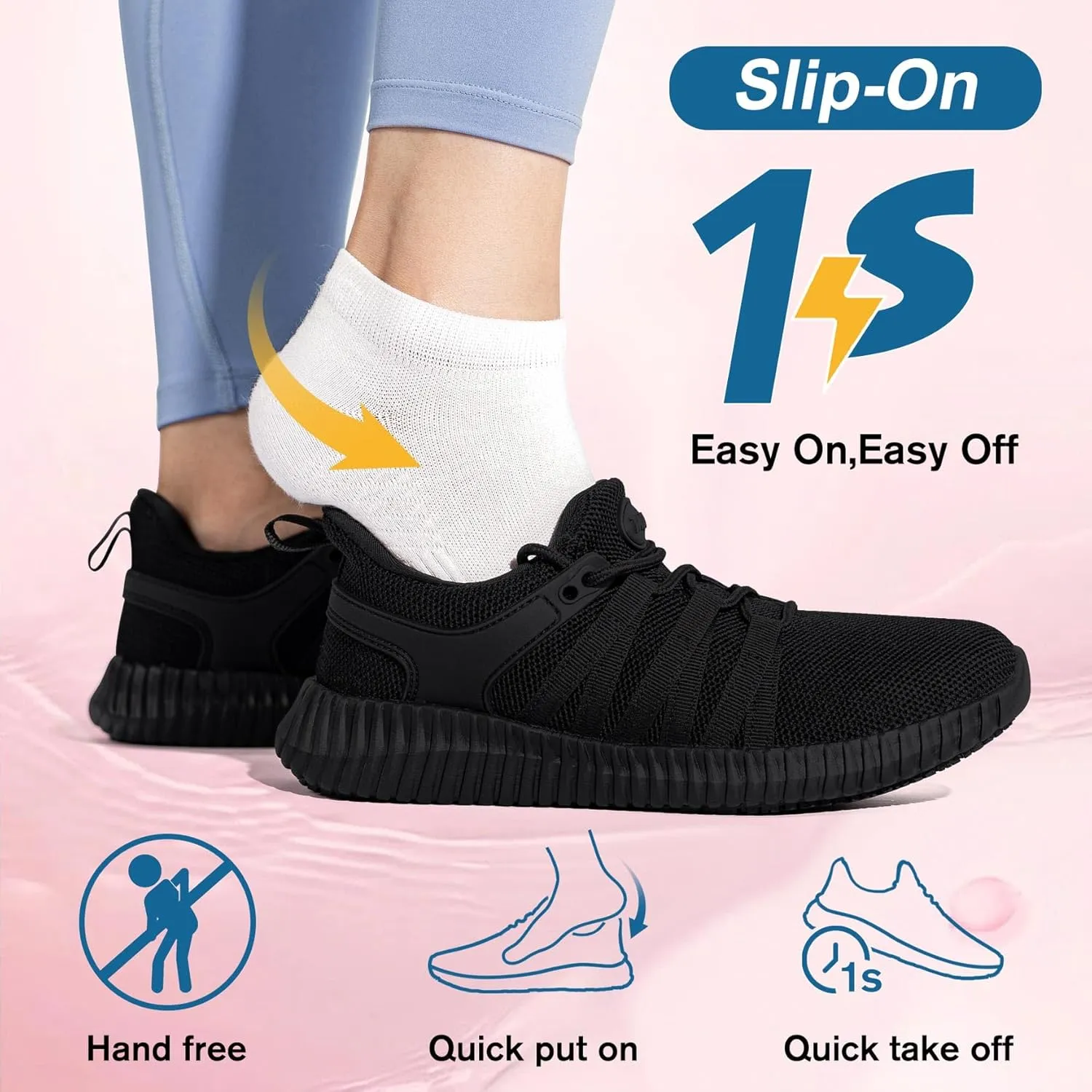 Slip On Sneakers Women Non Slip Work Shoes Water Resistant Comfortable Black Slip Resistant Breathable Lightweight Walking Shoes Zapatos Antideslizantes para Mujer, Black