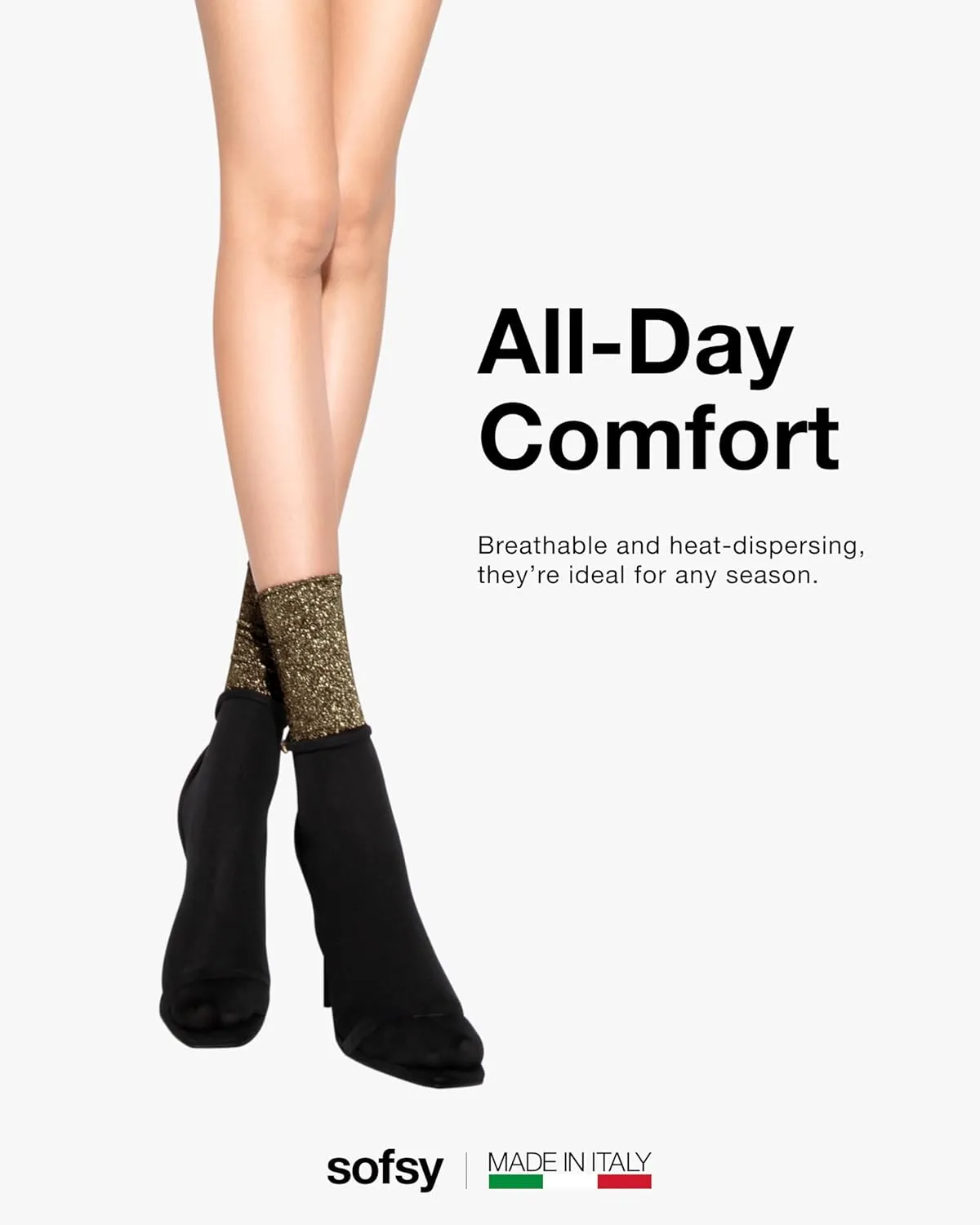 sofsy Sparkle-Finish Essentials - Italian-Made Women's Glitter Ankle Socks for Boots | Metallic Sparkly Tube Crew Socks