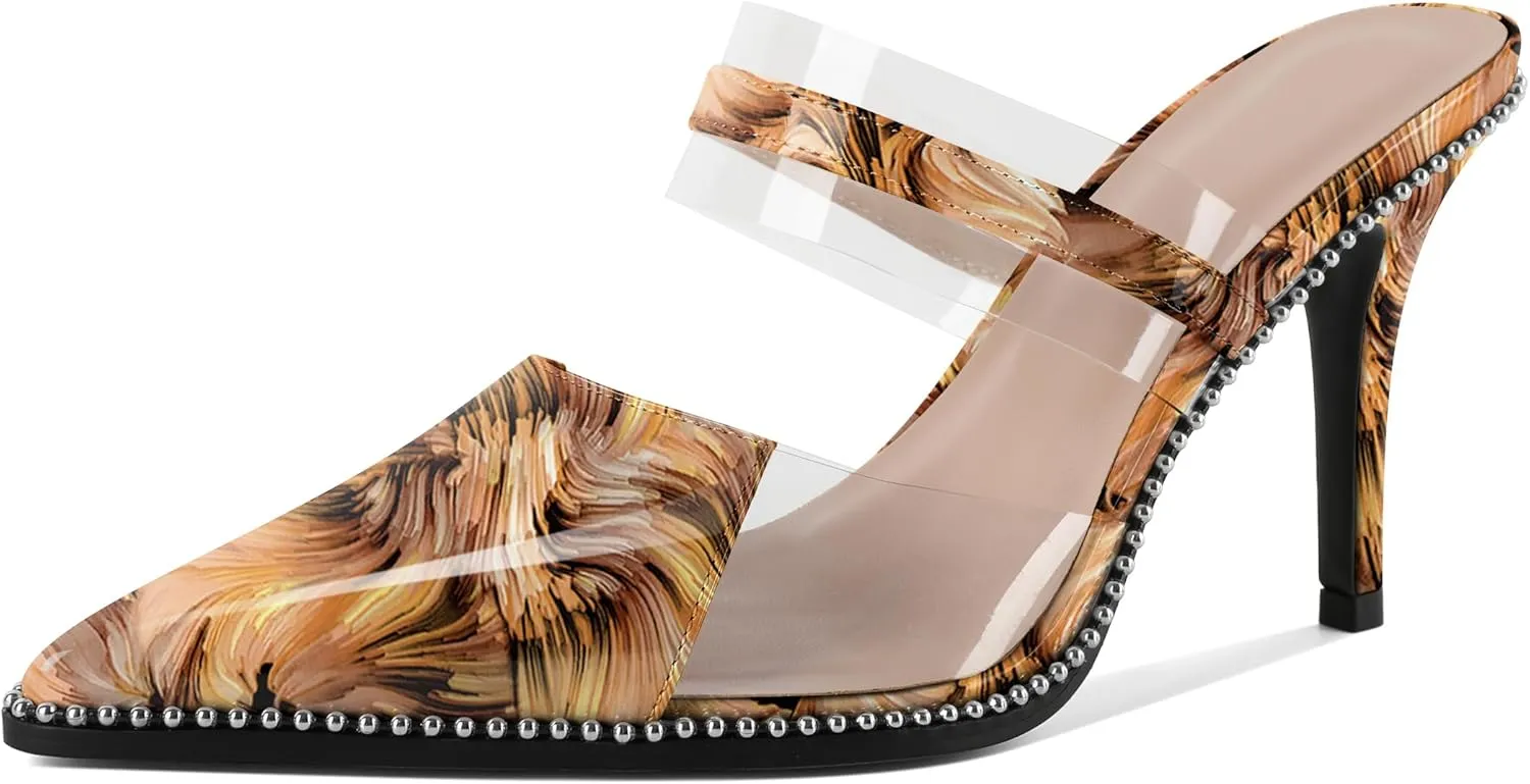 Soireelady Womens Heeled Mules Beaded Sandals Stiletto High Heel Pointed Toe Clear PVC Ankle Strap Dress Shoes 3.5 Inches