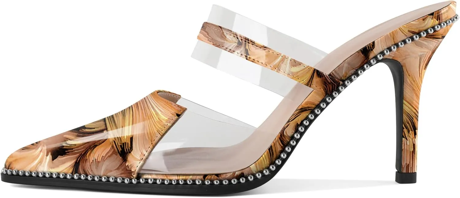 Soireelady Womens Heeled Mules Beaded Sandals Stiletto High Heel Pointed Toe Clear PVC Ankle Strap Dress Shoes 3.5 Inches