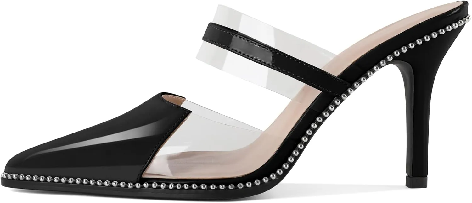 Soireelady Womens Heeled Mules Beaded Sandals Stiletto High Heel Pointed Toe Clear PVC Ankle Strap Dress Shoes 3.5 Inches