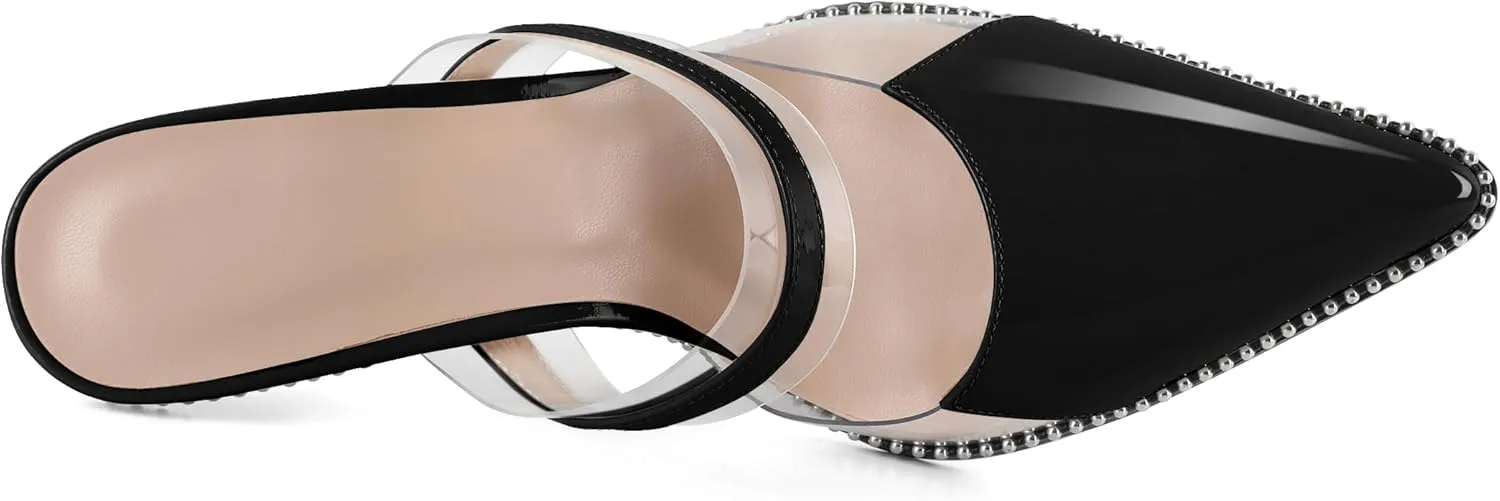 Soireelady Womens Heeled Mules Beaded Sandals Stiletto High Heel Pointed Toe Clear PVC Ankle Strap Dress Shoes 3.5 Inches