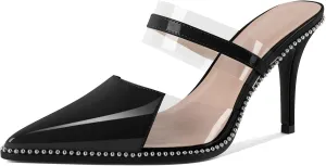 Soireelady Womens Heeled Mules Beaded Sandals Stiletto High Heel Pointed Toe Clear PVC Ankle Strap Dress Shoes 3.5 Inches