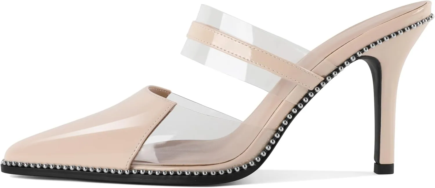 Soireelady Womens Heeled Mules Beaded Sandals Stiletto High Heel Pointed Toe Clear PVC Ankle Strap Dress Shoes 3.5 Inches