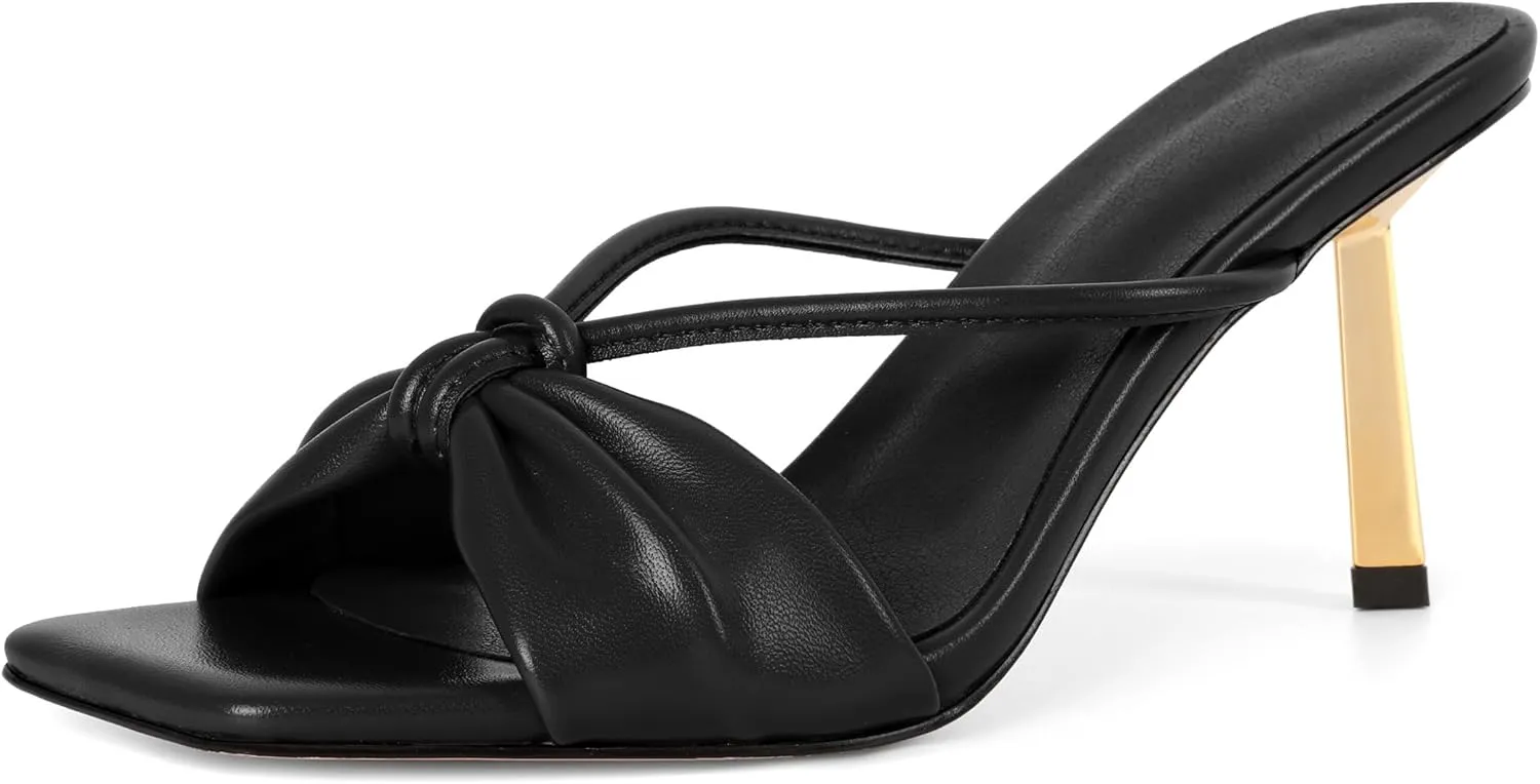 Soireelady Womens Heeled Mules Square Open Toe Stiletto High Heeled Sandals Slip On Bow Heel Slide Heels Dress Shoes 3.5 Inch