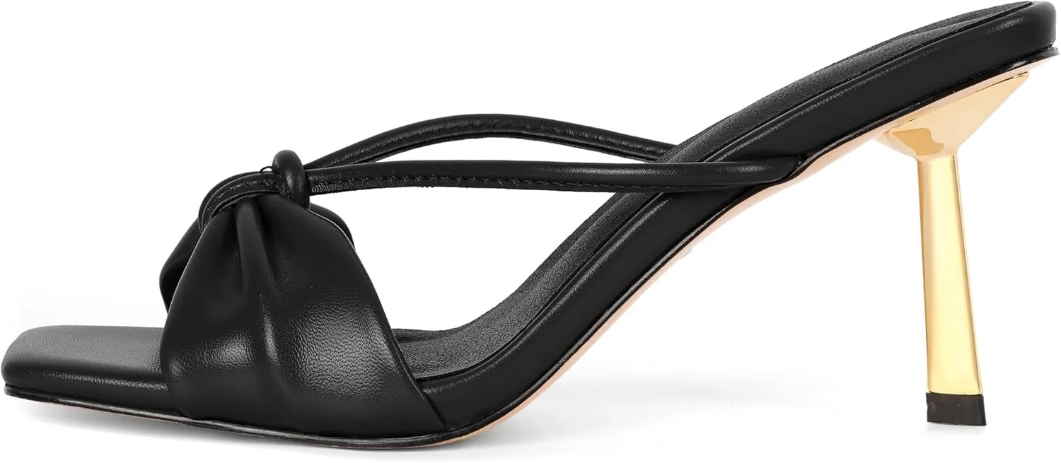 Soireelady Womens Heeled Mules Square Open Toe Stiletto High Heeled Sandals Slip On Bow Heel Slide Heels Dress Shoes 3.5 Inch