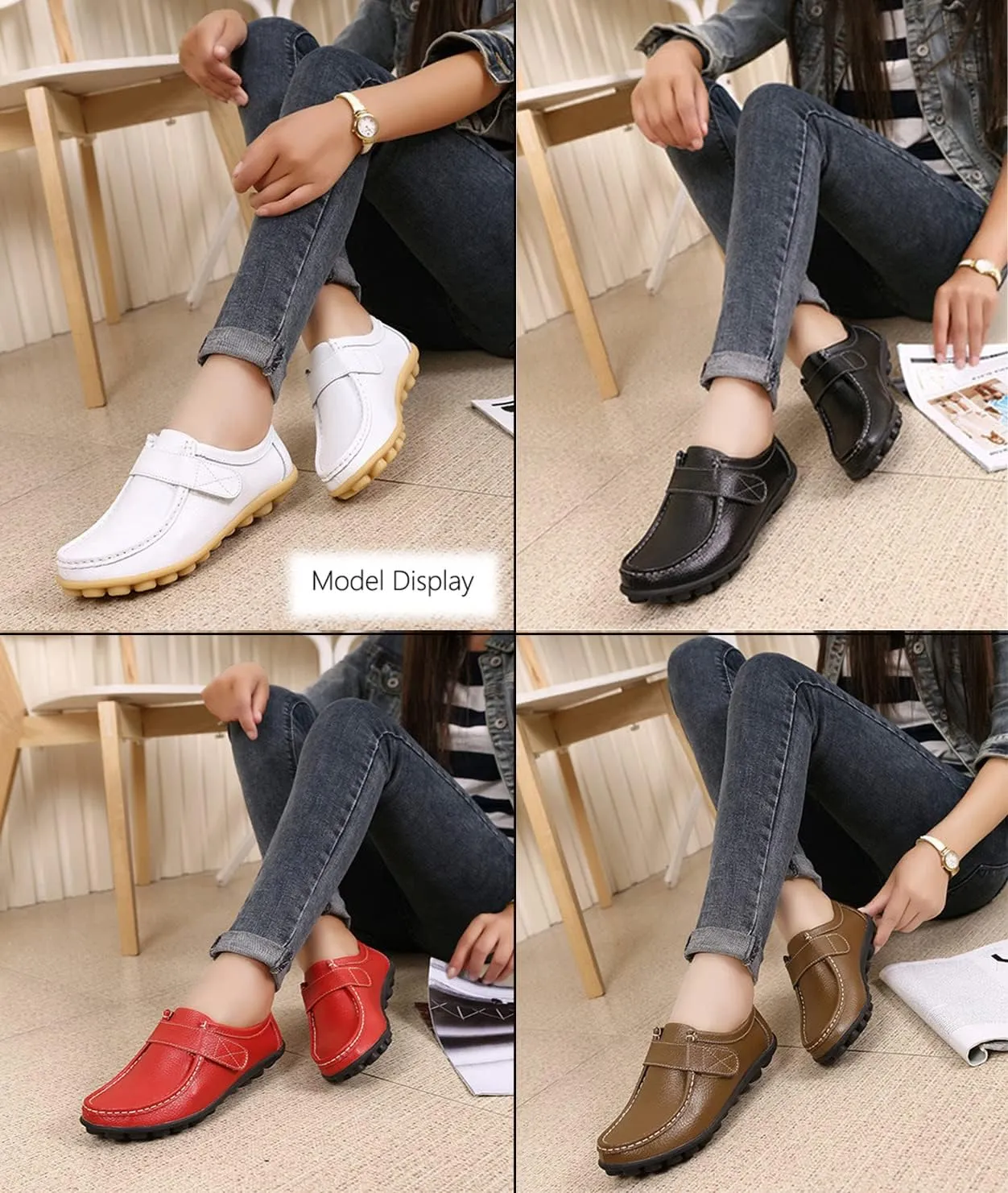 SOLPNOW Women's Soft Leather Adjustable Loafers,Winter Fleece Warm Casual Work Office Flats,Doctor Nurse Shoes