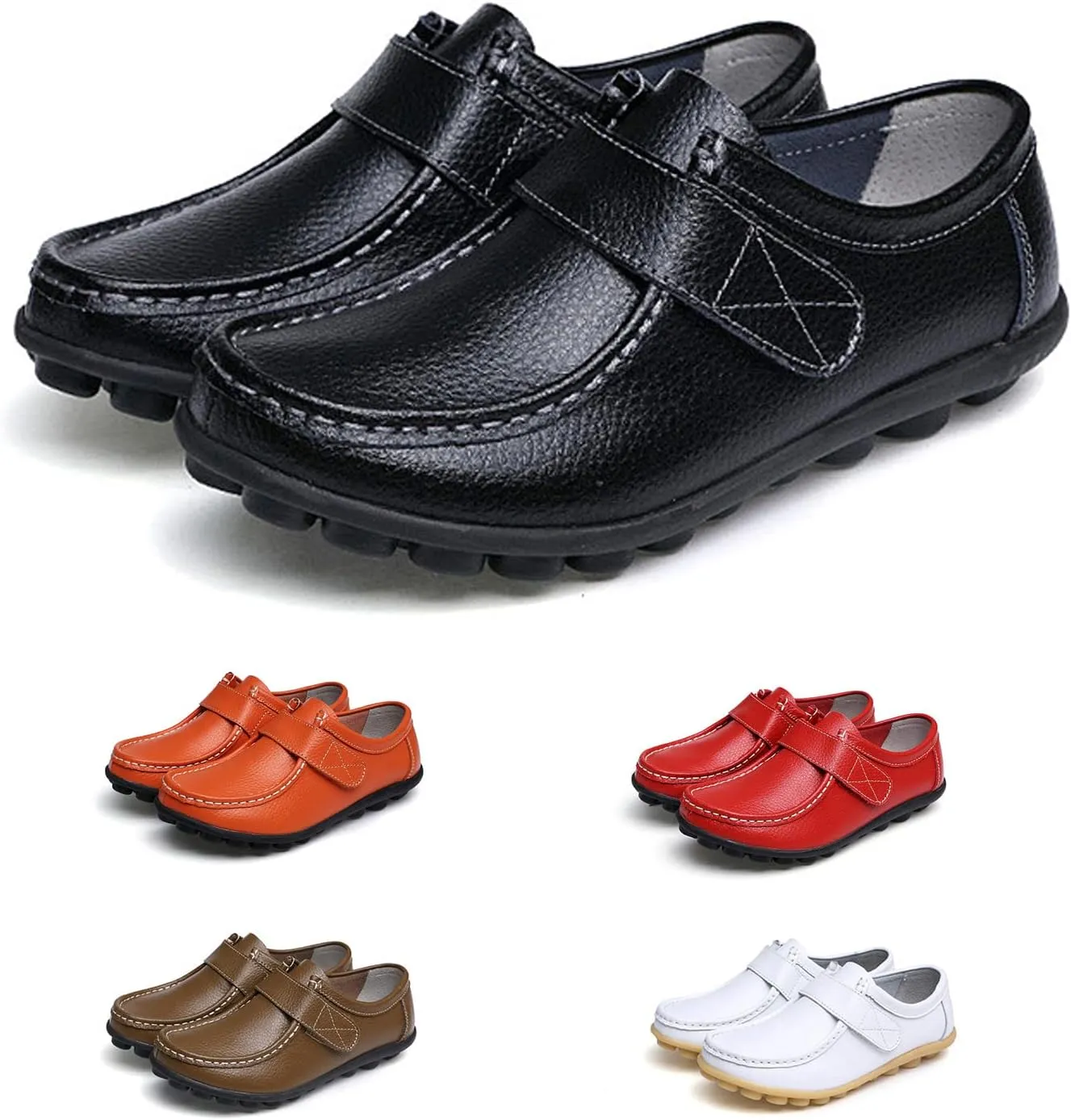 SOLPNOW Women's Soft Leather Adjustable Loafers,Winter Fleece Warm Casual Work Office Flats,Doctor Nurse Shoes