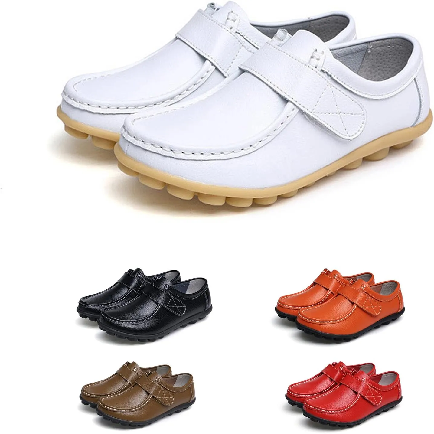 SOLPNOW Women's Soft Leather Adjustable Loafers,Winter Fleece Warm Casual Work Office Flats,Doctor Nurse Shoes
