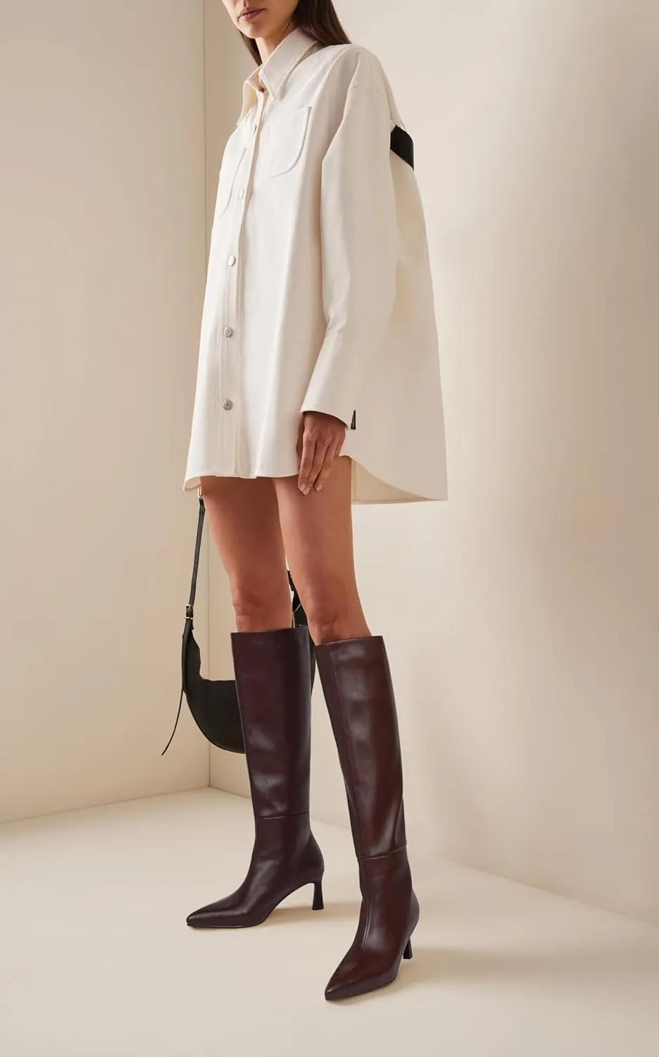SOVANYOU Kitten Heel Knee High Boots for Women Pointed Toe Tall Boots Wide Calf Boots with Pull-on Style